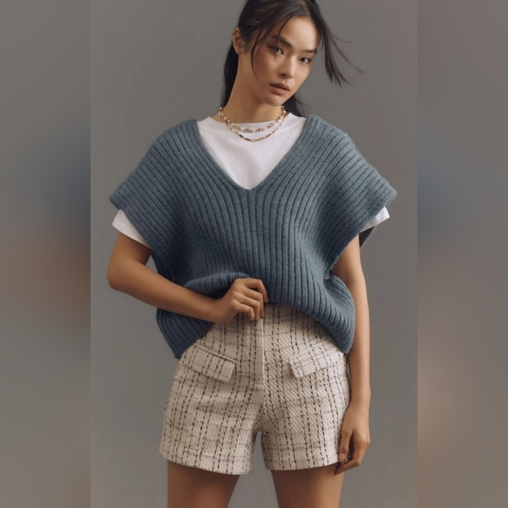 Anthropologie Pilcro White Boxy Tee And Blue Ribbed Sweater Vest Twofer